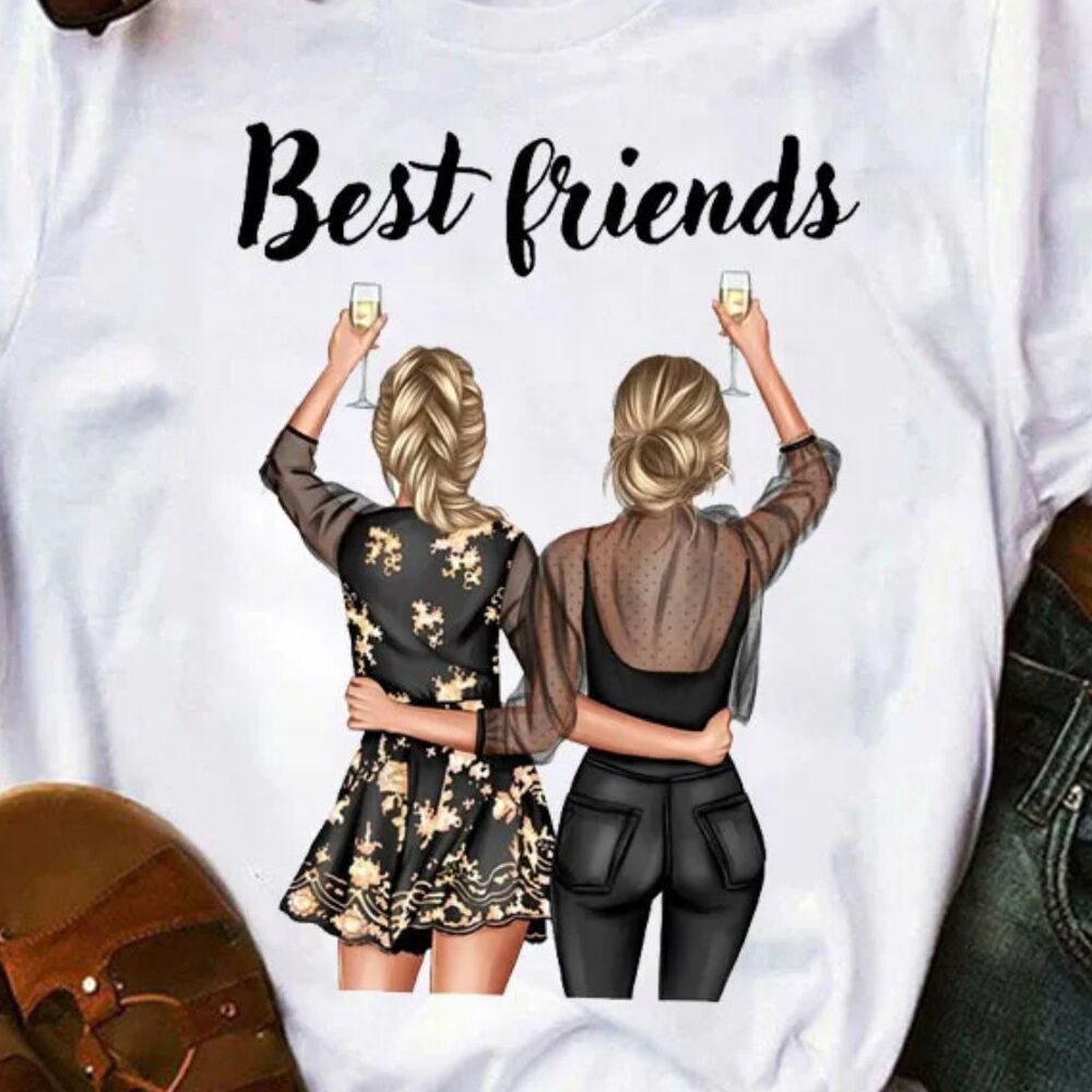 Best Friends #3 Printed Round Neck Short-Sleeved Women T-Shirt Size LARGE